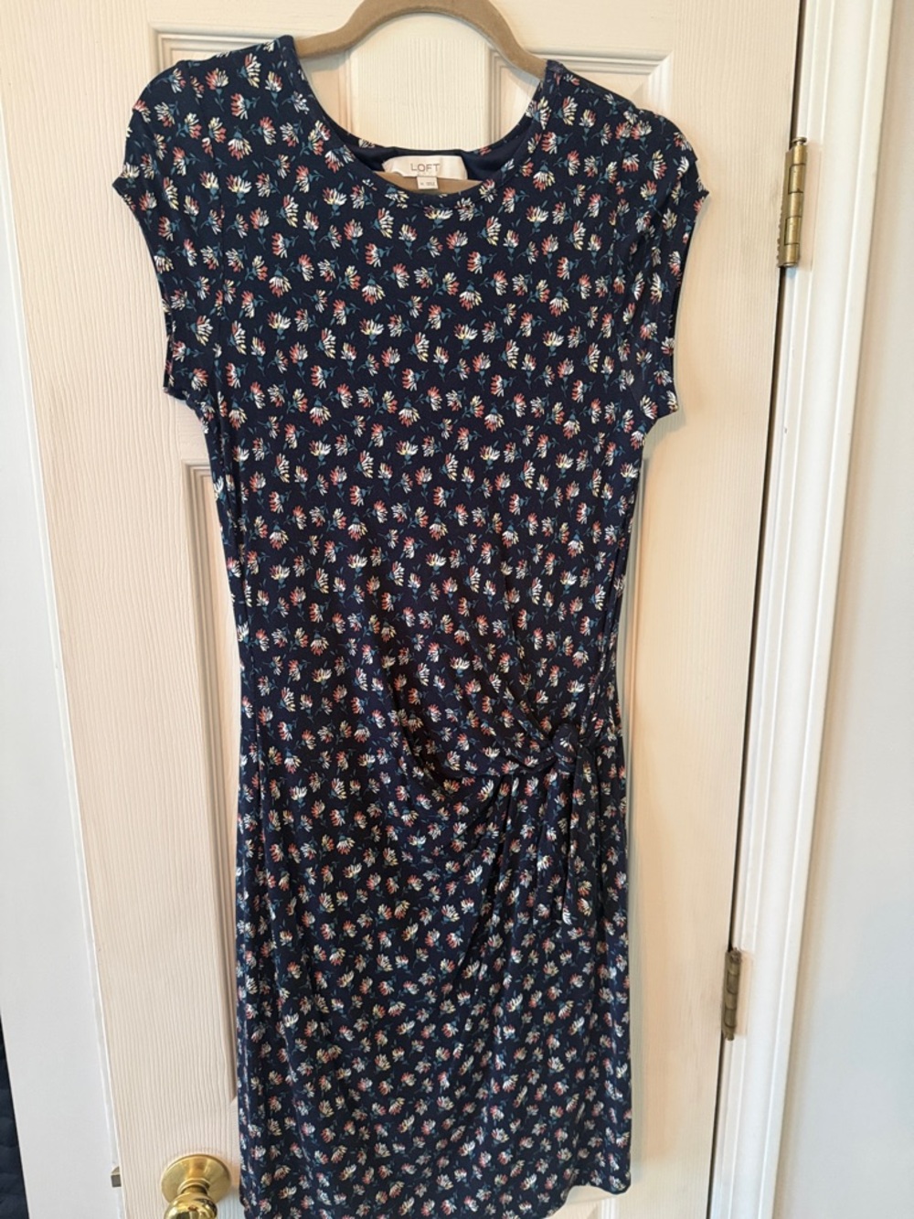 LOFT Navy Floral Knot-Detail Midi Dress